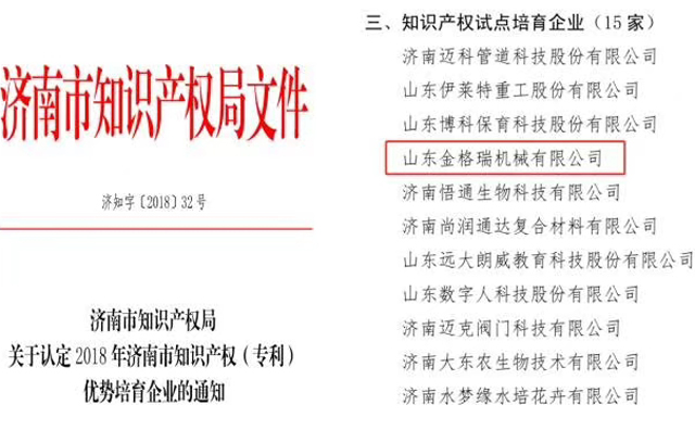 山东草莓污视频在线观看机械有限公司为知识产权试点培育企业