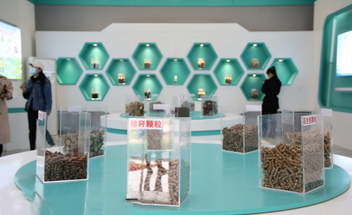 阳信县利民公司展厅内展示的草莓影视大全污生物质颗粒燃料